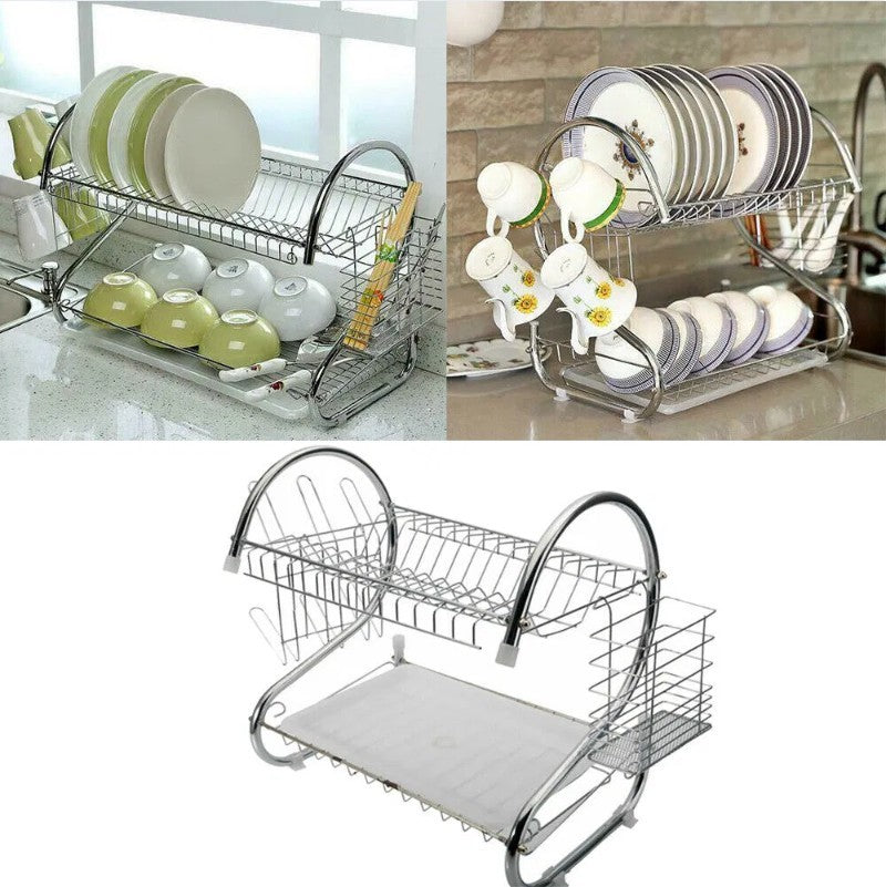 Double Layer Tableware Drying Rack Drain Stainless Steel Kitchen Utensil Rack