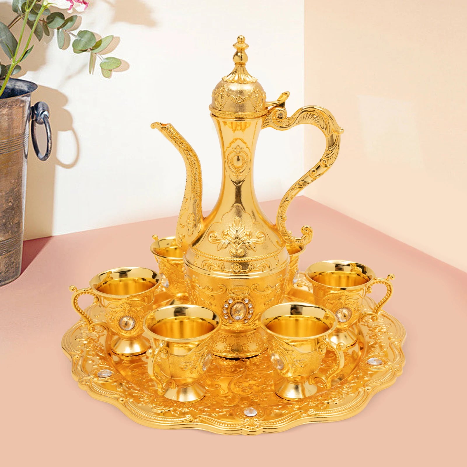 Turkish Tea Set, Vintage Turkish Coffee Set with Pot and 6 Cups for Home Decor Birthday Christmas Housewarming Wedding