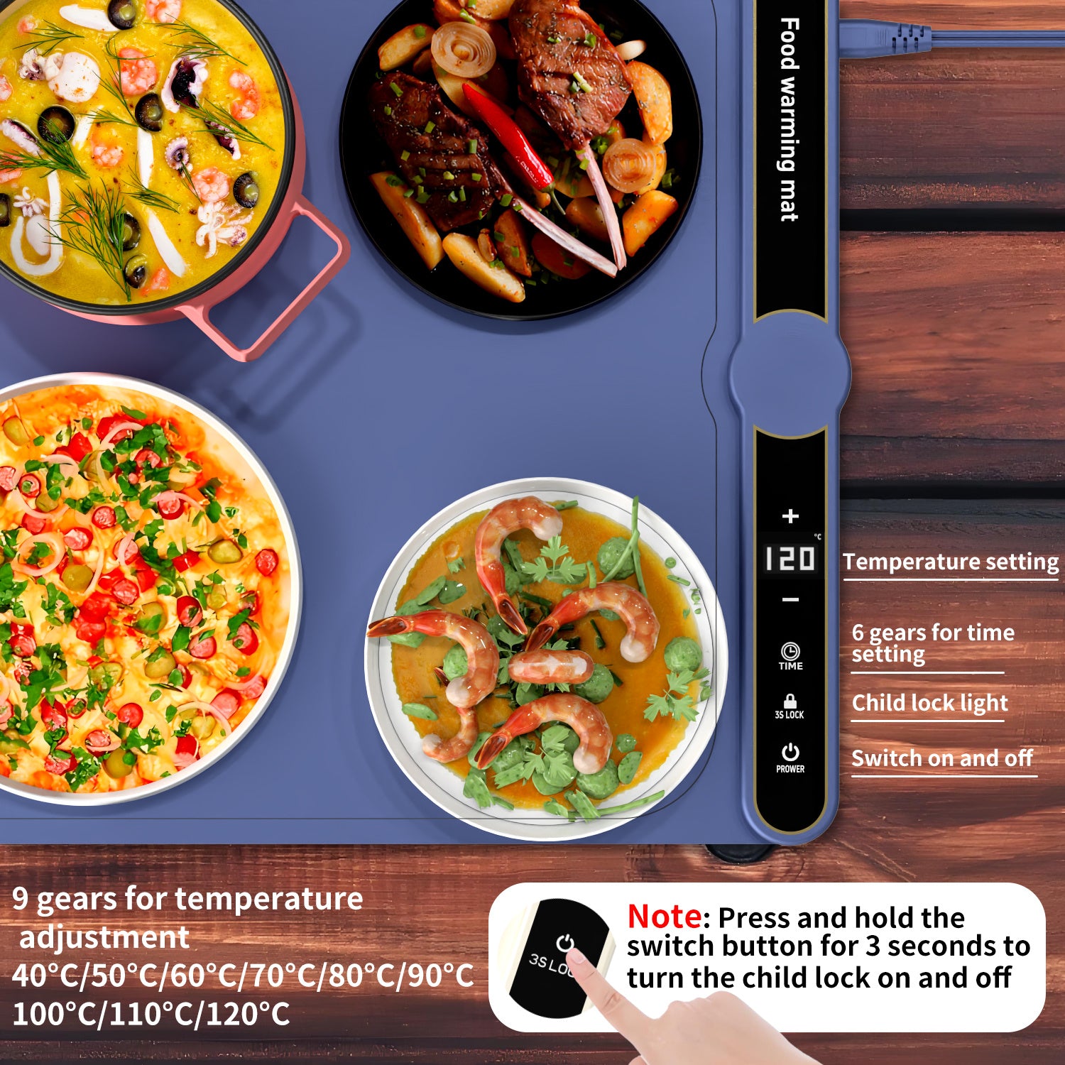 Foldable Heating Plate Mat Portable Keep Food Warm Electric Warming Mat For 8 Dishes With Time Setting